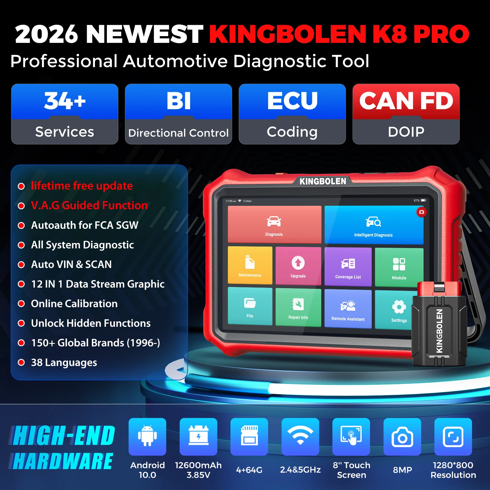 2026 NEW KINGBOLEN K8 Pro Bi-Directional Scanner Full Systems Diagnostic Scan Tool,34 Reset ECU Coding, lifetime free update