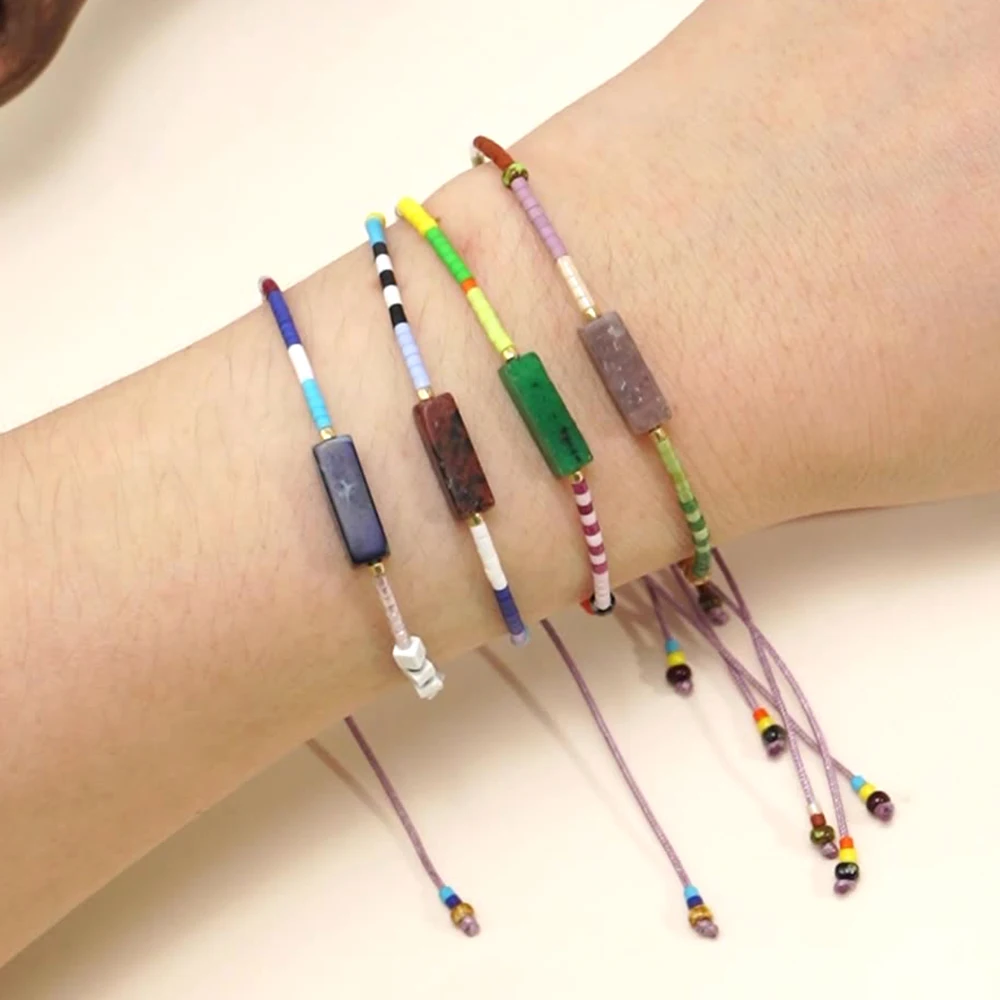 Bohemian Colorful Beaded Bracelet for Women - Adjustable Wax Rope with Natural Stone, Handmade Stackable Boho Wrist Jewelry Gift