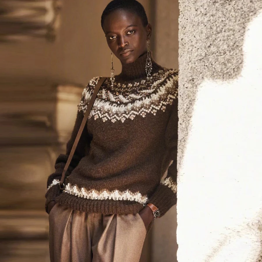 

Retro Hand-Knitted Woolen Sweater Heavy-Du Beaded Fair Isle Sle for Snowy Seasons Women's Loose Fit Warm Knitwear