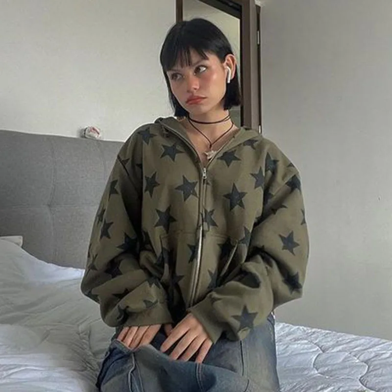 2000s Hip Hop Zip Up Hoodie Vintage Star Oversized Sweatshirt Jacket Coat Harajuku Goth Long Sleeve Women Sweatshirt Y2k Clothes