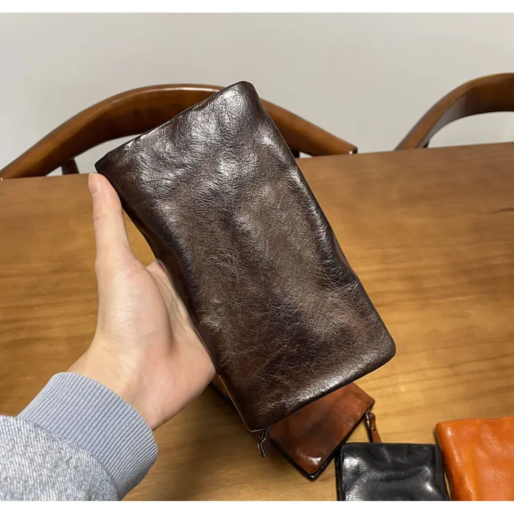 casual handmade luxury first layer cowhide men's women's long wallet simple vintage high-quality genuine leather phone purse