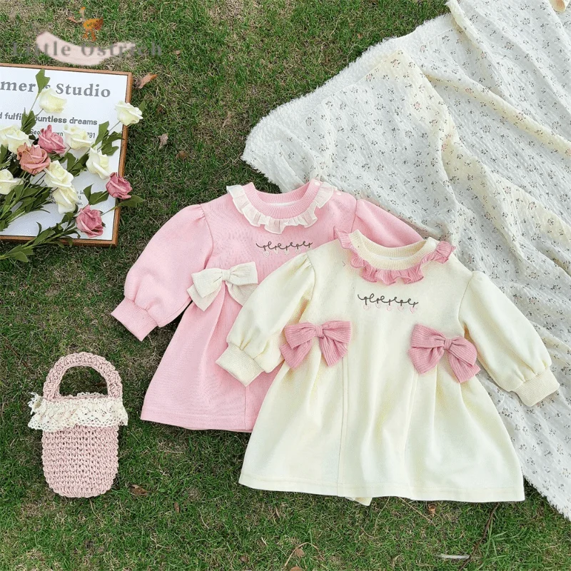 Newborn Baby Girl Cotton Sweet Bow Princess Dress Infant Toddler Long Sleeve Lace Ruffle Dress Spring Autumn Baby Clothes 9M-2T