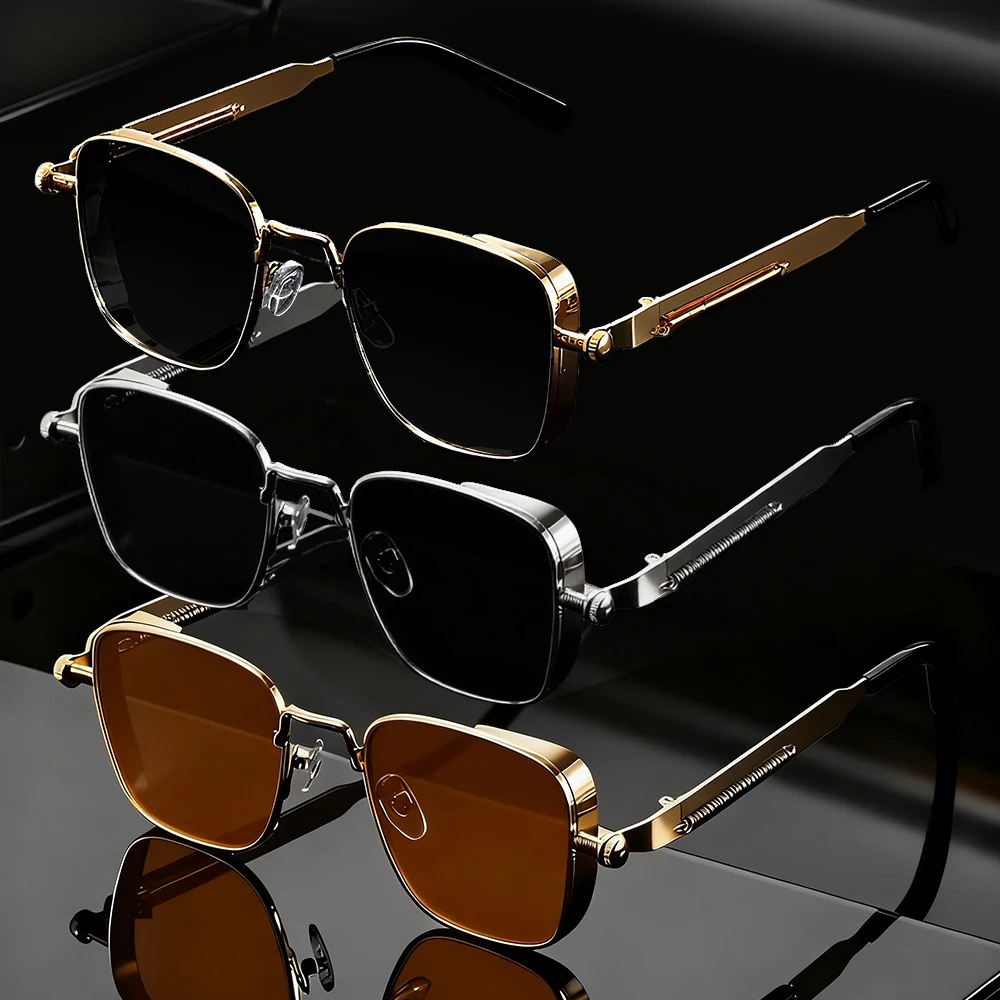 1/3PC Vintage Steampunk Quadratische Sonnenbrille mit Metallrahmen, Unisex Retro Grunge Punk Brille für Alltagsmode, Karnevalspartys, UV400