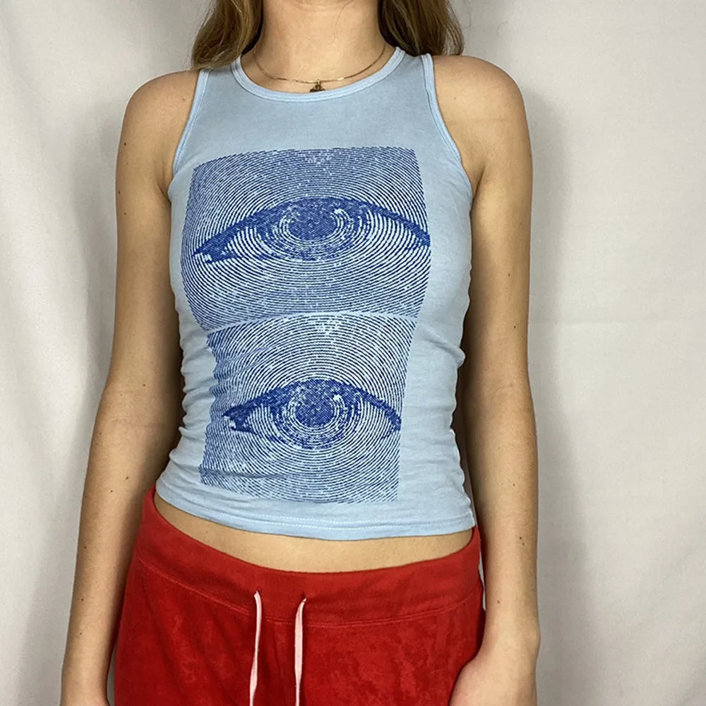 Summer Y2k Crop Tops Women Eye Pattern Print Corset Top Sleeveless Women Clothes O-Neck Female Tank Top