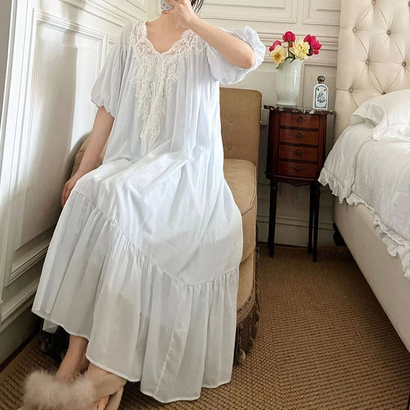 Summer Fairy White Blue Sexy Lace Long Peignoir Victorian Cotton Night Dress Nightie Vintage Nightgown Women Princess Sleepwear