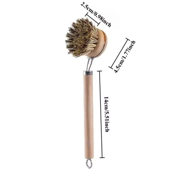 1PCS Natural-bristle long-handled pan brush with replaceable heads (horsehair, sisal and coconut fibre) kitchen scrubbing brush