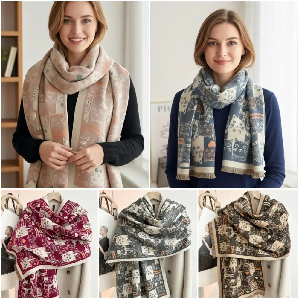 

Модный шарф из искусственного кашемира с рисунком кота, утолщенный удлиненный зимний шарф с кисточкой по краям, сохраняющий тепло, теплая шаль для женщин и девочек