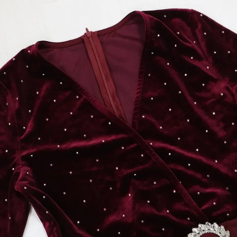 GUWU Tute da donna alla moda con scollo a V profondo increspato a gamba larga Tute da festa a maniche lunghe in velluto da strada