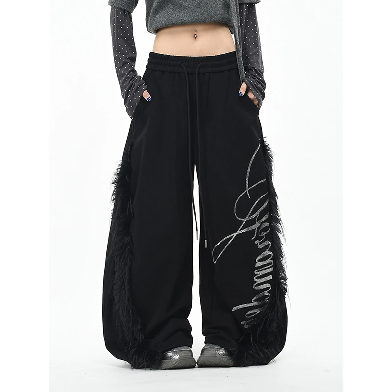 2026 American High Street Plush Decorative Letter Women's Casual Pants Autumn New Design Cool Blade Pants Loose Wide Leg Pants