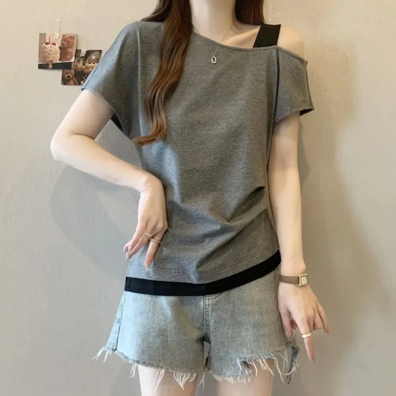 Fake Two-piece Color-blocking Off-shoulder Short-sleeved T-shirt for Women 2026 Summer Large Size Unique Small Top Q97