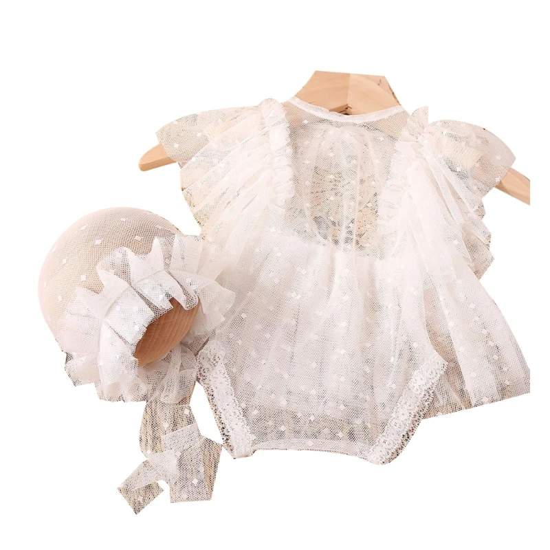 Y1UB 2pieces Baby Photography Props Lace Dress Lace Bonnet Hat Photoshooting Outfit