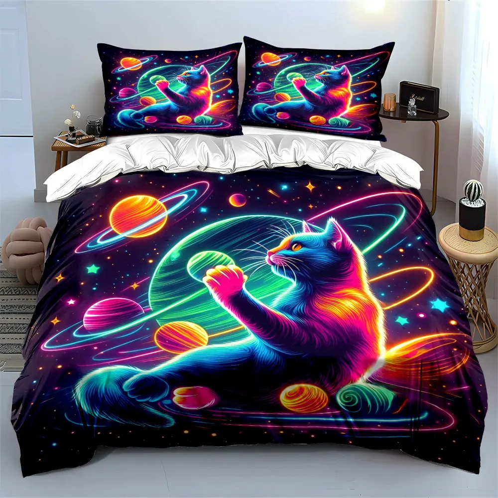 Neon Cat Galaxy Art Set Multiple sizes kid's and adults' bedroom Exquisite 3PC bedding set, gift
