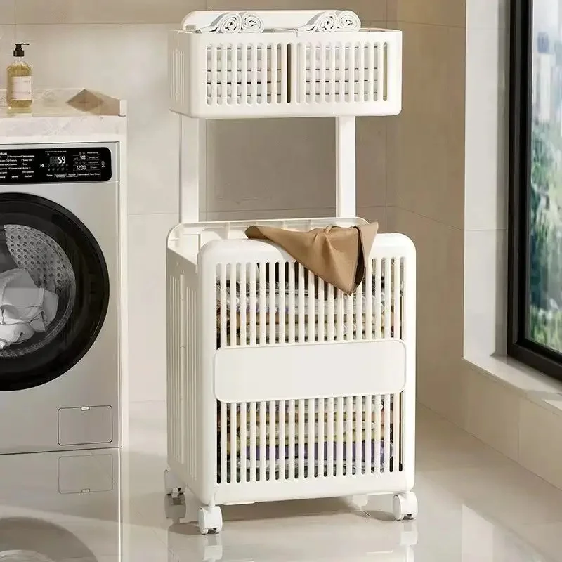 Foldable Wheeled Laundry Hamper, Two-layer Mobile Dirty Clothes Storage Holder for Bathroom Bedroom JJ5452