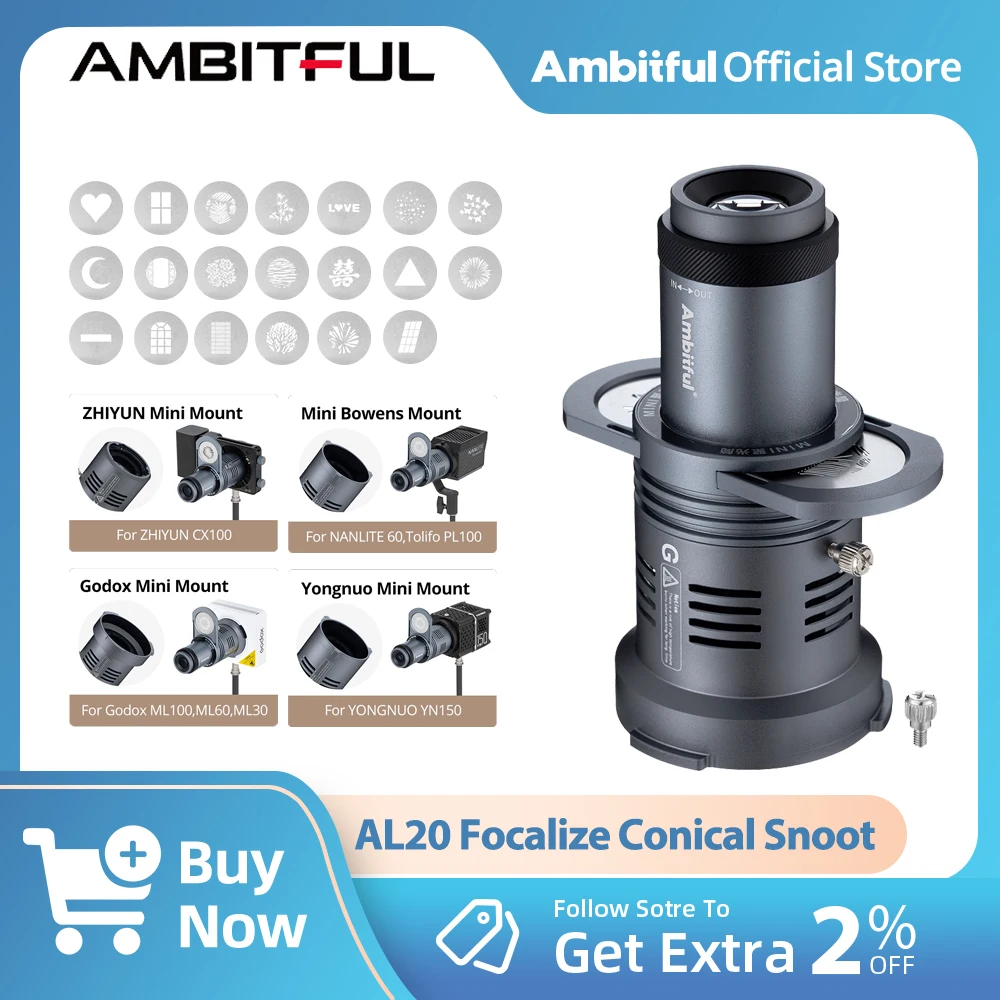 

Ambitful AL20 AL16 Focalize Conical Snoot Optical Condenser & Art Special Shaped Beam for Mini Bowens Godox Yongnuo Zhiyun Mount
