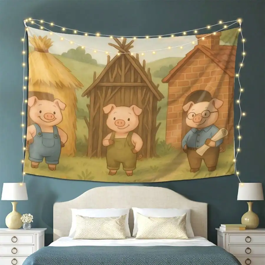 Three Little Pigs Tapestry - Cute Cartoon Farm Animals Wall Hanging, Fairy Tale Story Art, Kids Room Decor, Multiple Sizes