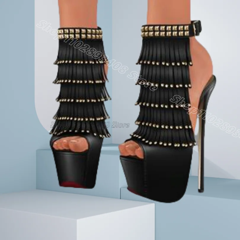 

Black Tassel Style Platform Sandals Peep Toe Ankle Buckle Rivet Decor Women Summer Casual Party Shoes 2024 Zapatos Para Mujere