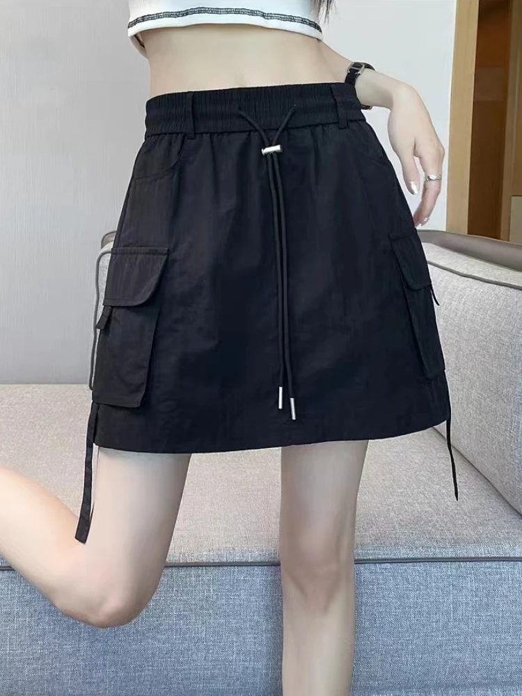 Solid Slim Lace-up Pockets Casual Mini Skirt Summer Kawaii Office Lady Skirts Spring Korean Fashion Black Faldas Womens Clothing