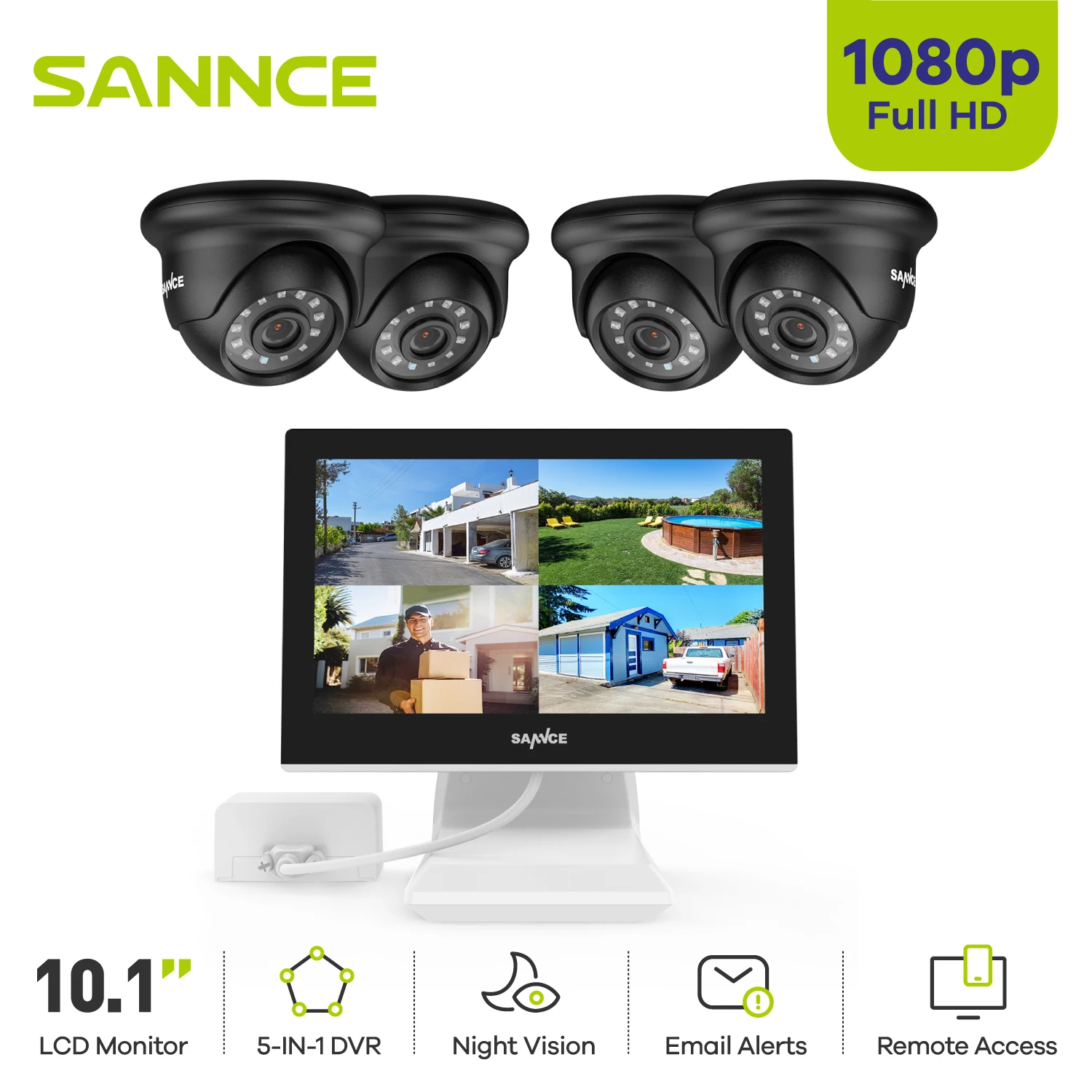 

SANNCE 4CH Surveillance System 5in1 DVR 10.1" LCD Monitor 1080P Bullet Security Camera IR IP66 Outdoor Remote Monitor Camera Kit