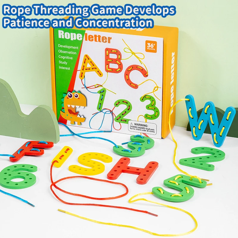 

Wooden Number Letter Rope Game Montessori Early Childhood Educational Toys Creative Cognitive Rope Threading Toy Puzzle Game