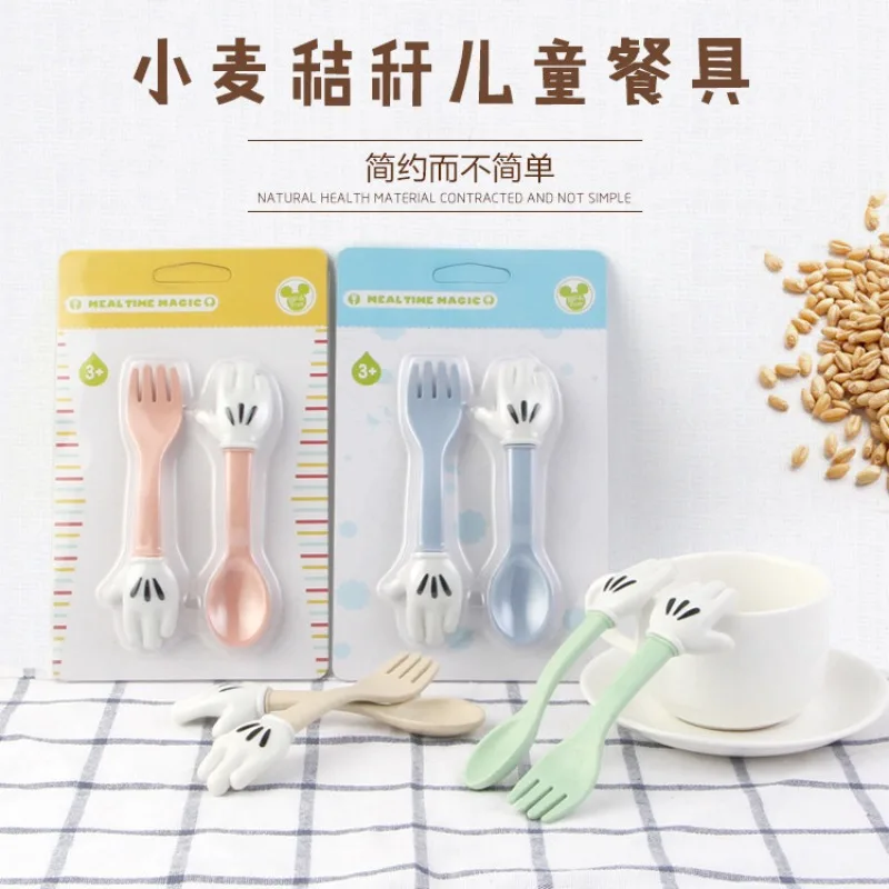 Cartoon Mickey Children's Cutlery Fork Spoon Set  Creativity Fun Baby Training Aid Food Palm Fork Spoon Gift