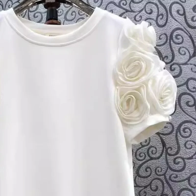 OCEANLOVE wiosna lato T Shirt damski 3D kwiaty Ins moda Vintage Ropa De Mujer eleganckie proste słodkie solidne koszulki