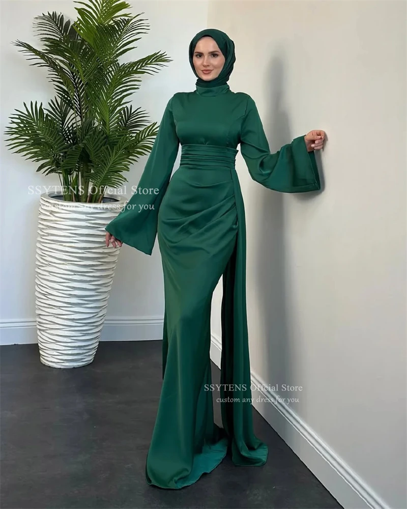 SSYTENS Muslim Mermaid Wedding Dresses Dubai Long Sleeves Bride Gowns Pleat Satin High Neck Elegant Vestidos De Novia Customized