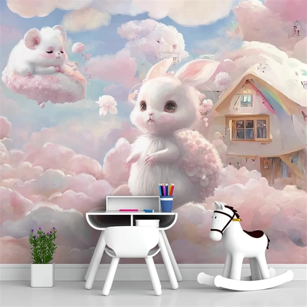 Custom Fantasy Pink Sky Rabbit photo wall paper for Children's Room Mural Background Wallpaper home decorations 3D wall stickers