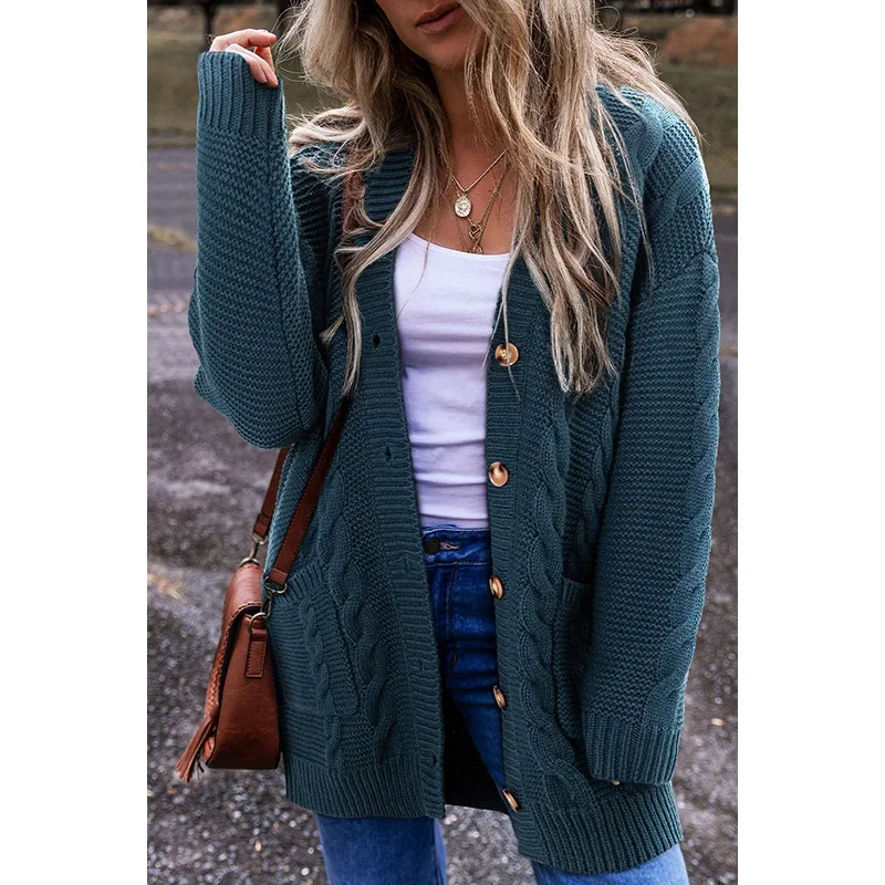 2025 Fall New Solid Color Knit Cardigan for Women Casual European Style Long Sleeve Multi-Pocket Outerwear