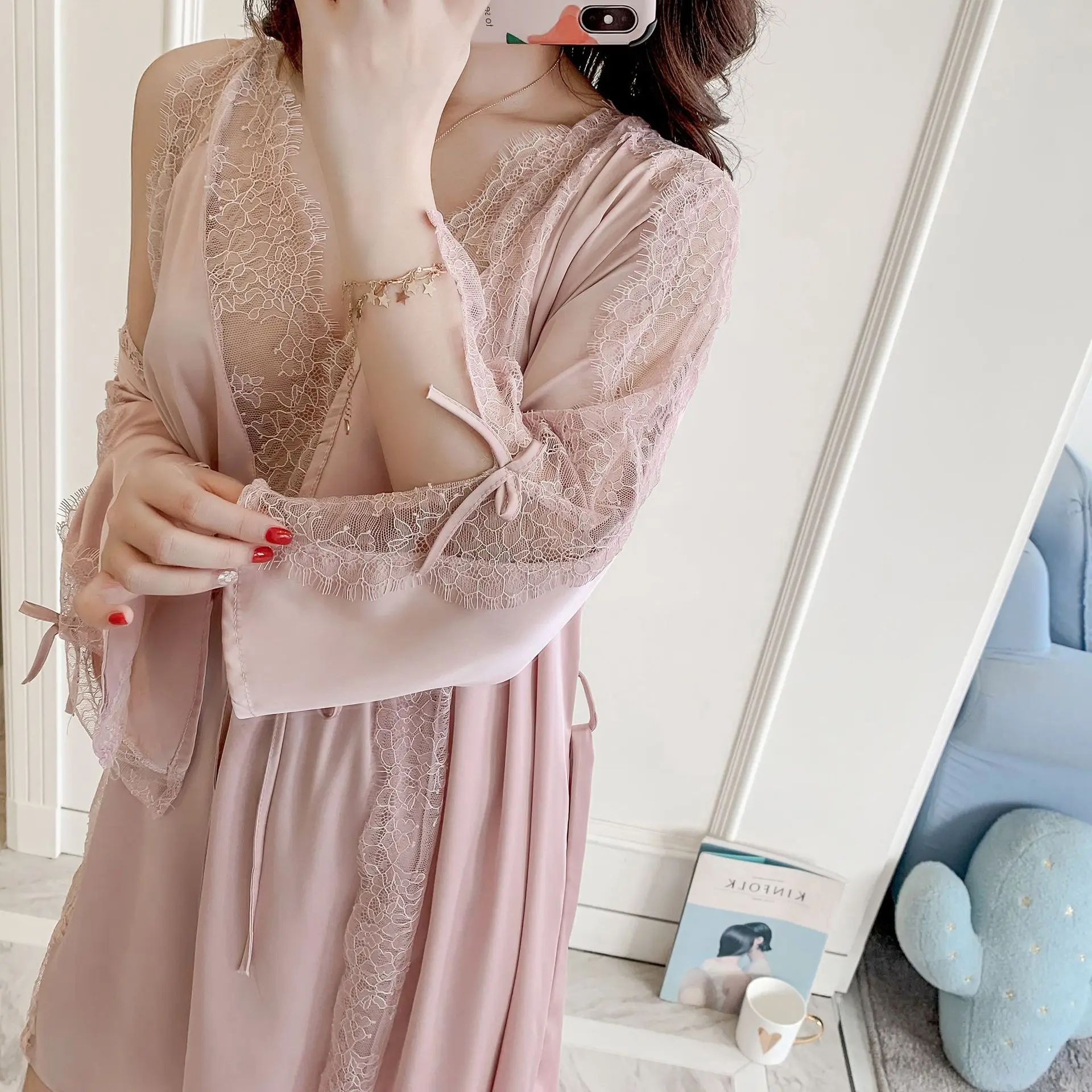 

Nightgown 2PCS Kimono Robe Set Women Loungewear Perspective Lace Nightwear Bathrobe Sexy Satin Patchwork Home Dressing Gown