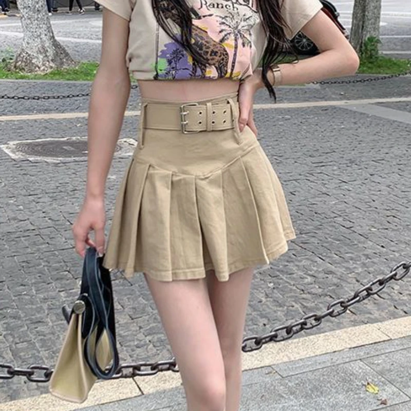 Skirts Women Mini Pleated Elegant Korean Style Fashion Ladies Streetwear Summer Slim Fit Casual Belt All-match Chic Design Retro