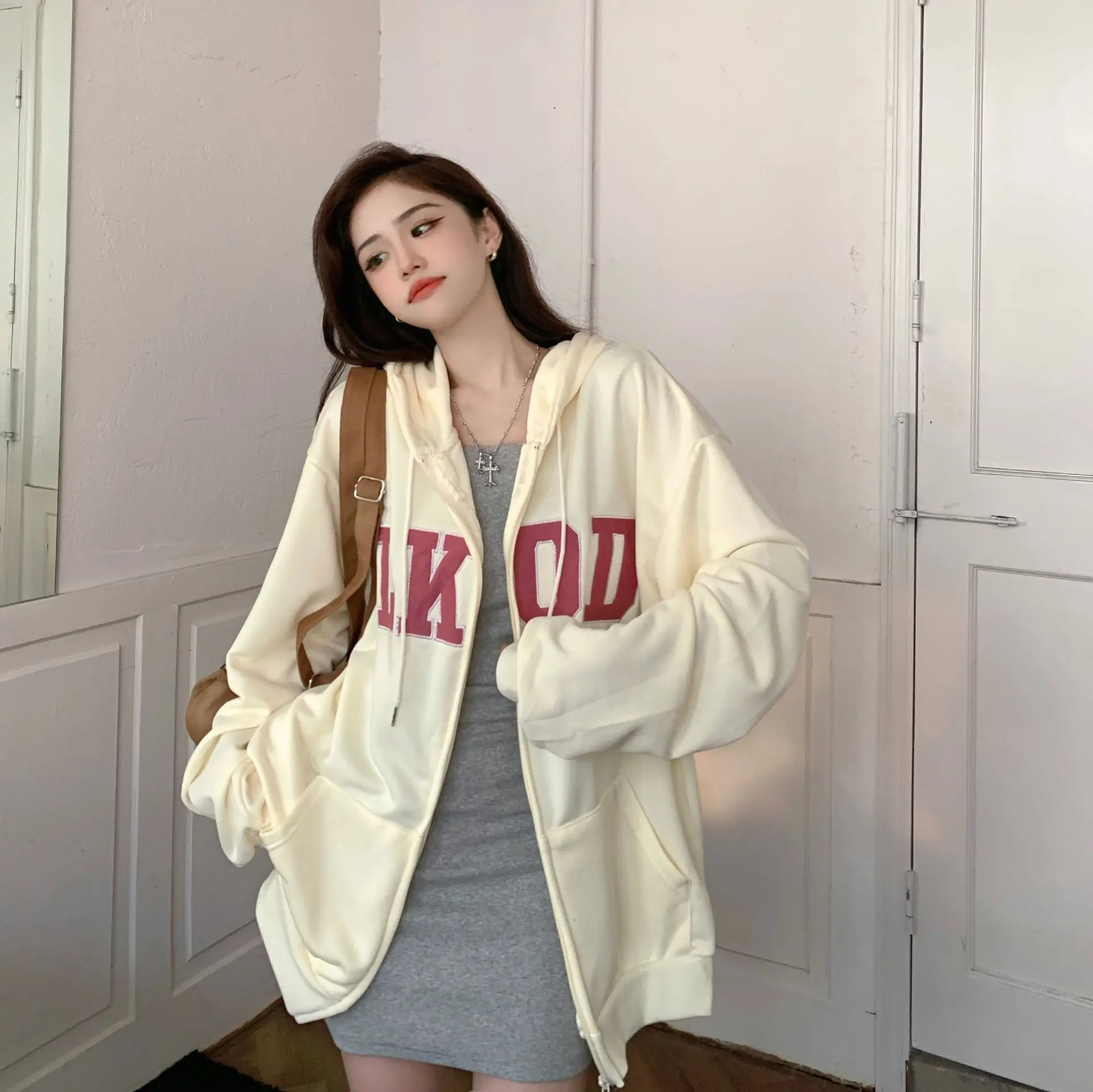 2023 Spring Autumn Europe America Vintage Printed Letters Hooded Zipper Coat Women Thin Loose Casual Hoodie Y2k Zip Sweatshirt