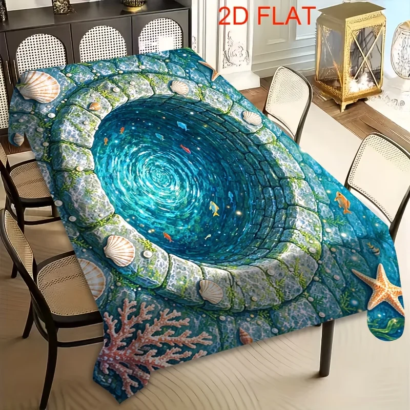 3D Optical Illusion Ocean Vortex Tablecloth Underwater Seashell Starfish Print Table Cover for Dining Room Nautical Home Decor