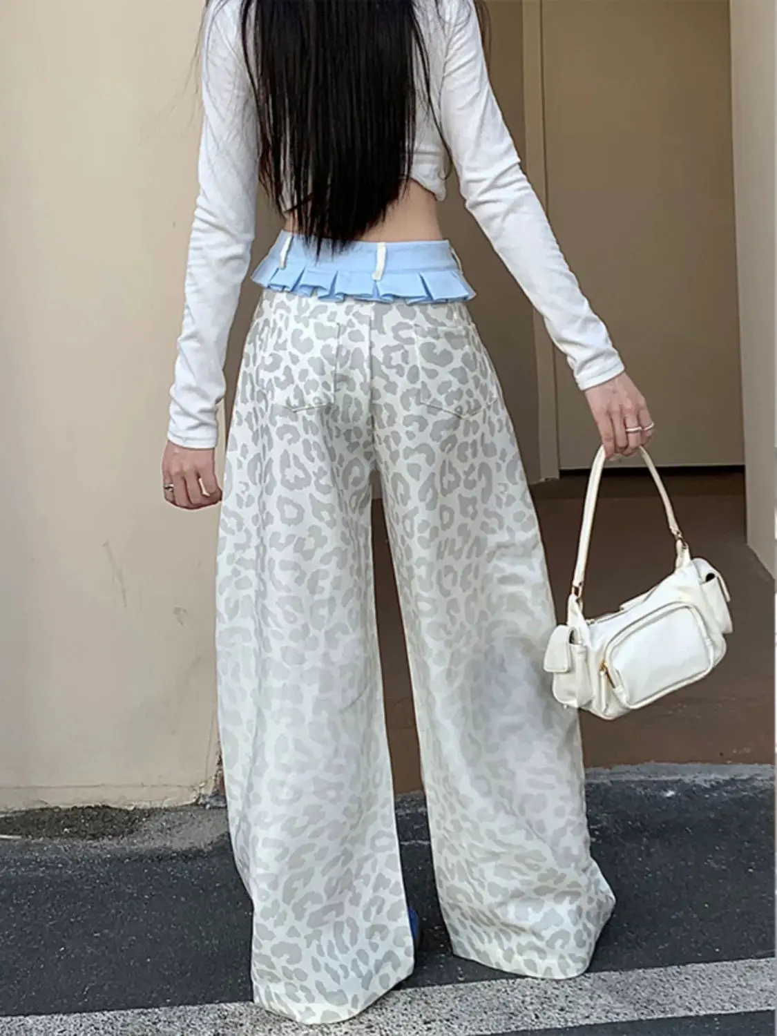Retro Small Skirt Splicing Casual Pants for Women 2025 New Color Contrast Leopard Pattern Loose Wide Leg Pants