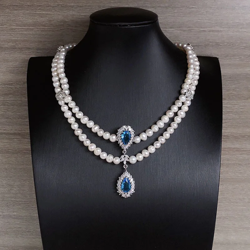 

2rows freshwater pearl WHITE round 7-8mm necklace FPPJ blue zircon drop pendant necklace