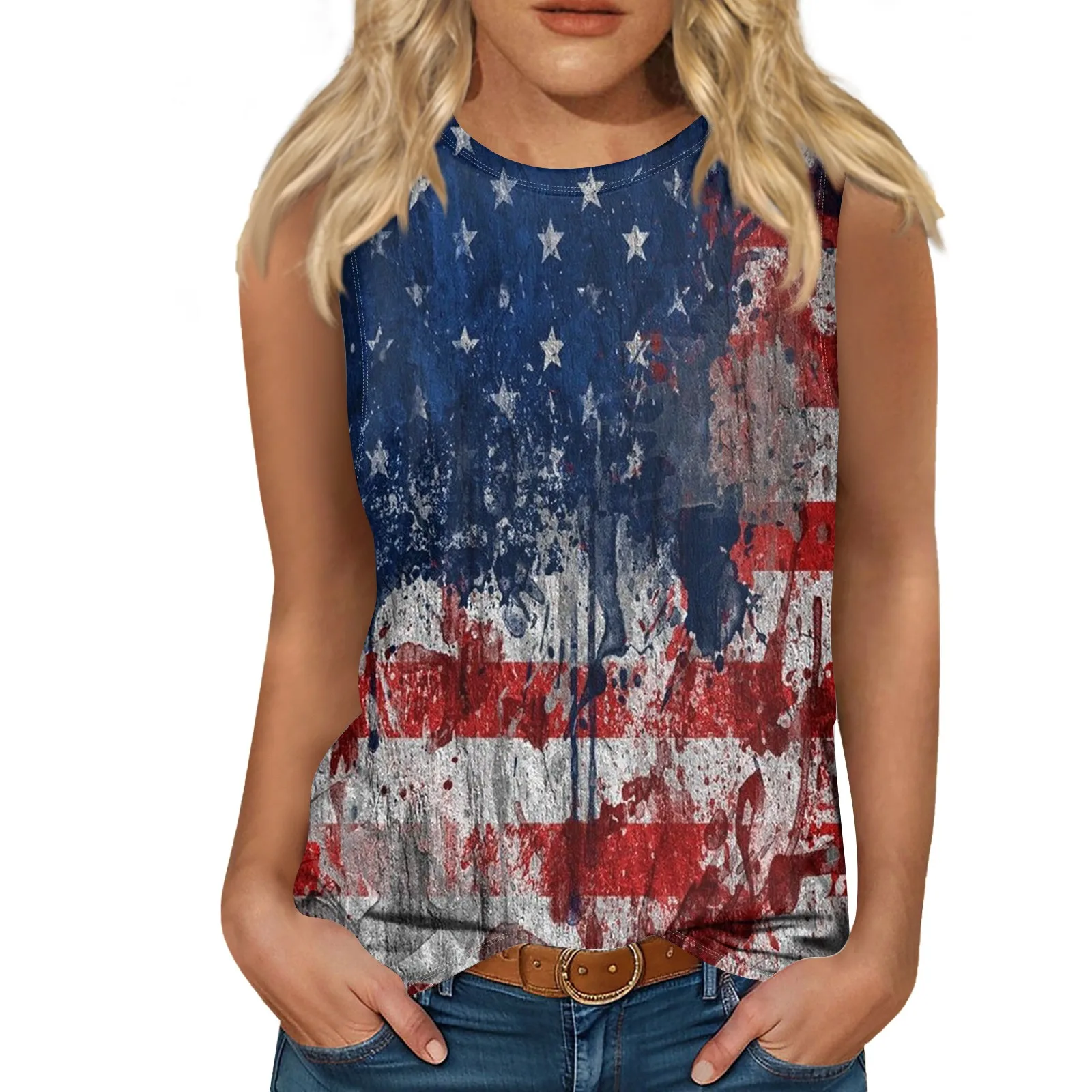 Women'S Fashion Lightweight Round Neck Sleeveless Independent Day Printed Tank Top Women'S Summer European American Large Tshirt