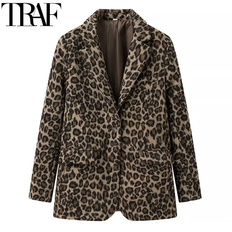 TRAF Women\'s Blazer Coat Vintage Leopard Long Blazer Woman Autumn Long Sleeve Faux Wool Coats Casual Office Wear Suit Jacket