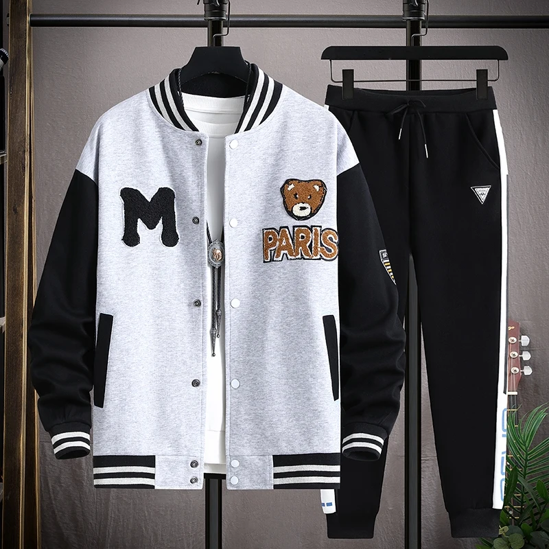 Men Sports Tracksuits Sets Hooded Baseball Uniform Set Spring Autumn Casual Loose Fit Couple Sportswear