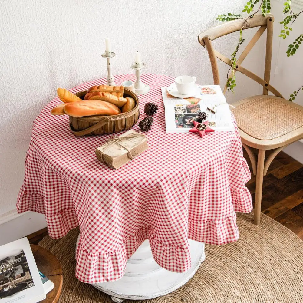 150/180cm Tablecloth Farmhouse Style Plaid Pattern Ruffled Edge Tablecloth Round Shape Cotton Linen Fabric Cloth Table Cover