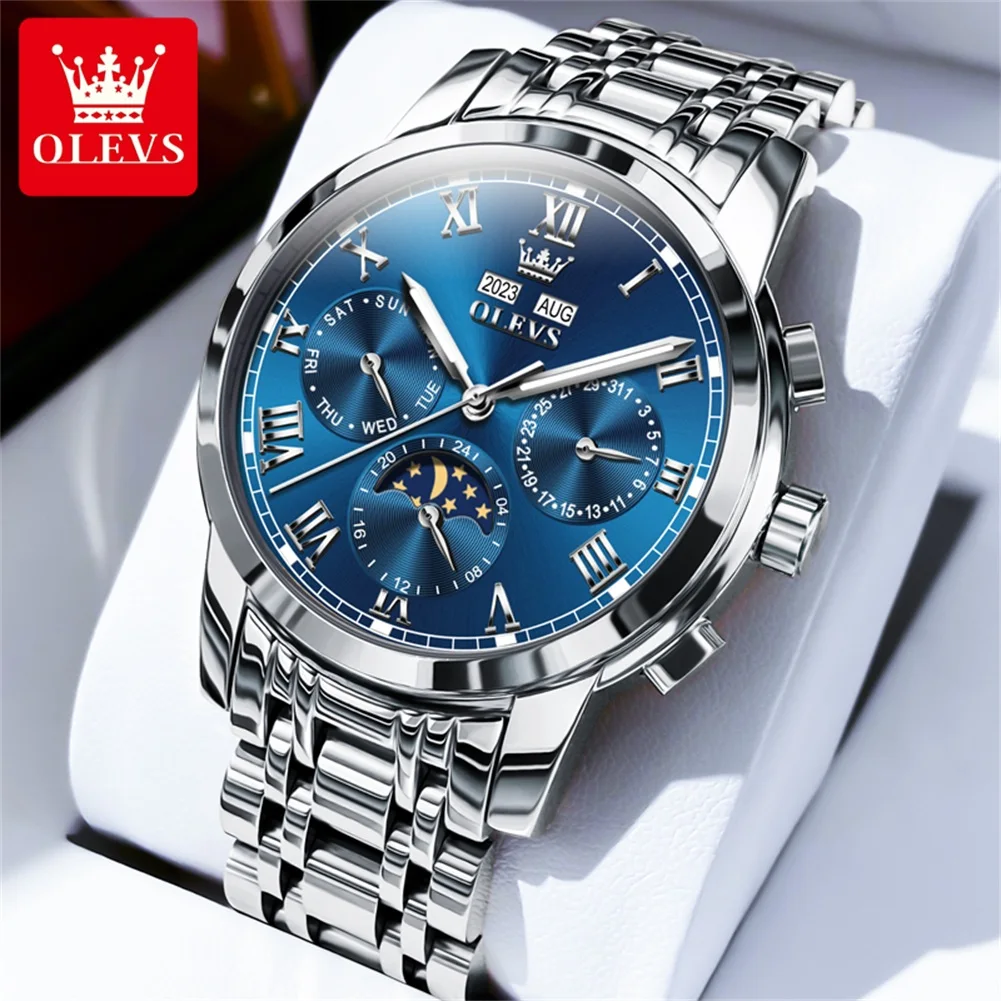 OLEVS-Reloj de pulsera de acero inoxidable para hombre, cronógrafo mecánico totalmente automático, fase lunar, luminoso, Original, marca de lujo