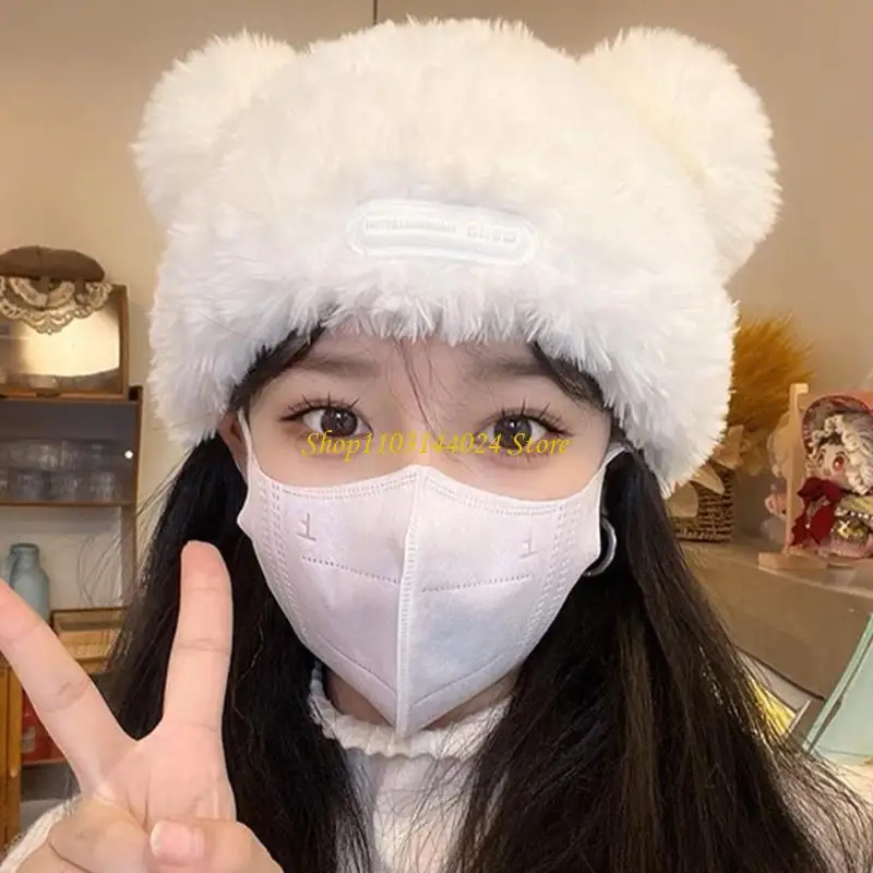 

N5KE Girls Bear Hat Y2K Furry Ears Beanie Hat Furry Bear Cap Warm Winter Hat New Year Holiday Headwear for Teens