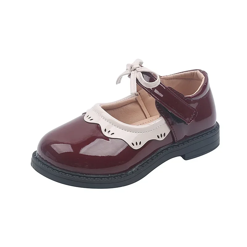 Scarpe basse da principessa da ragazza elegante vernice PU Bowknot scarpe Casual per bambini 21-35 scarpe singole per bambini vino rosso nero