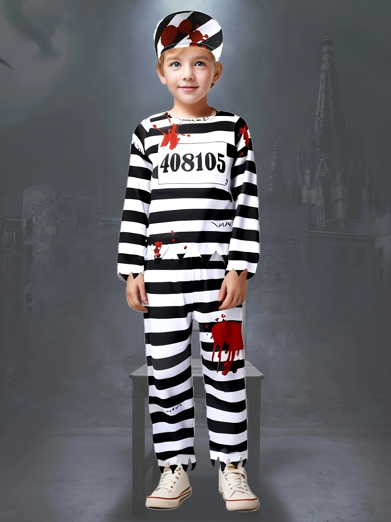 

Boys' Striped 3-Piece Set: 1 Digital Print Top with Scary Stripes and Blood Drop Pattern + 1 Striped Long Pants + 1 Striped Hat Set, with Irregular Zigzag Design at the Hem of the Top and Pants, Boys' Halloween Festival Party Performance Outfit, Stage Per