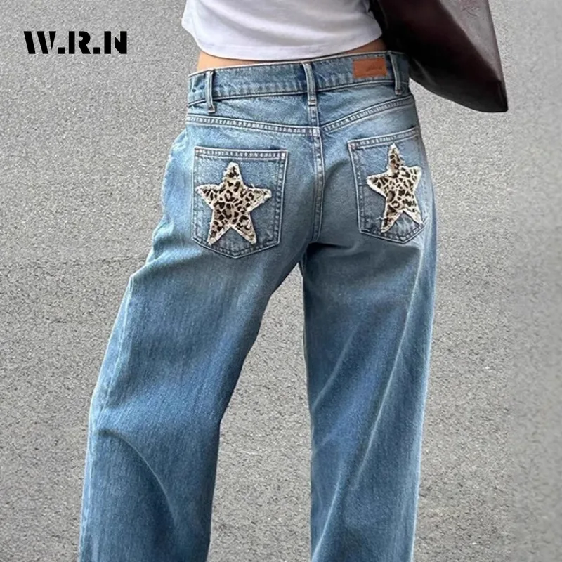 Hotsweet leopardo estrelas apliques hip-hop mop calças americano retro comprimento total rua jean feminino emo casual y2k denim calças