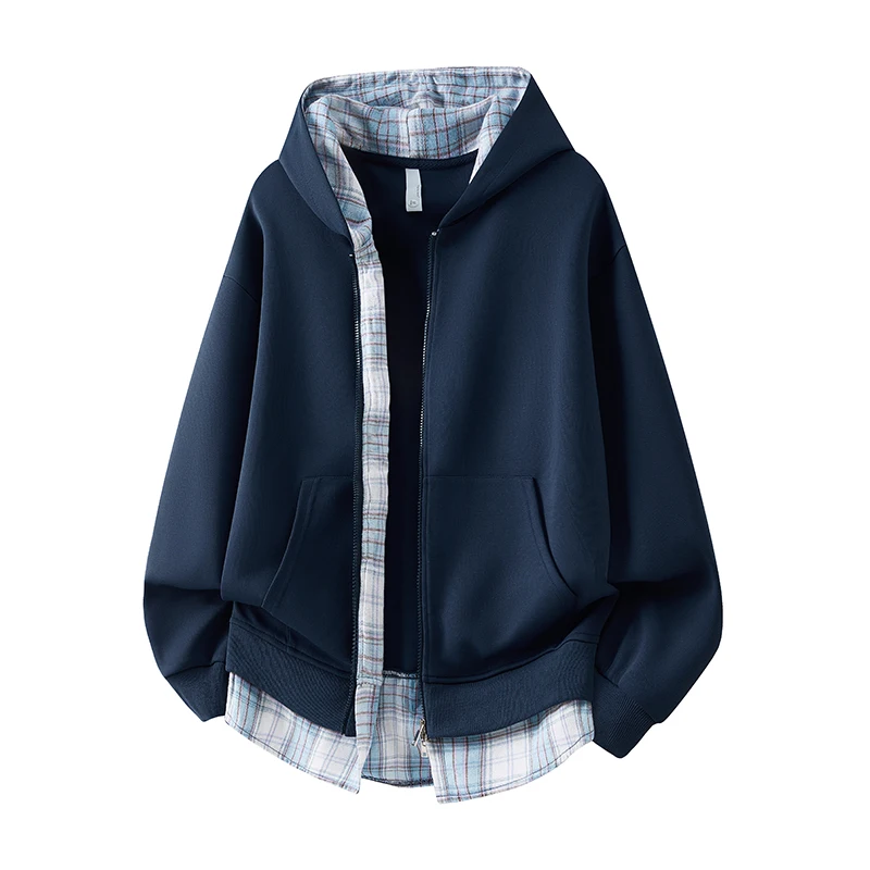 

Retro American Plaid Open Cardigan Fake Two-Piece Hoodie Men's Autumn Couple Design Jaet Outerwear Polyester Fiber Long Sve