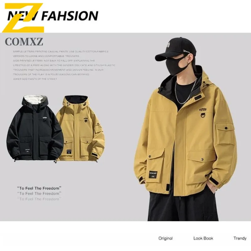 

COMXZ Мужская куртка Осенняя техническая одежда Уличная водонепроницаемая ветровка для кемпинга и пешего туризма с несколькими карманами Пальто с капюшоном Gorpcore Rider Куртка