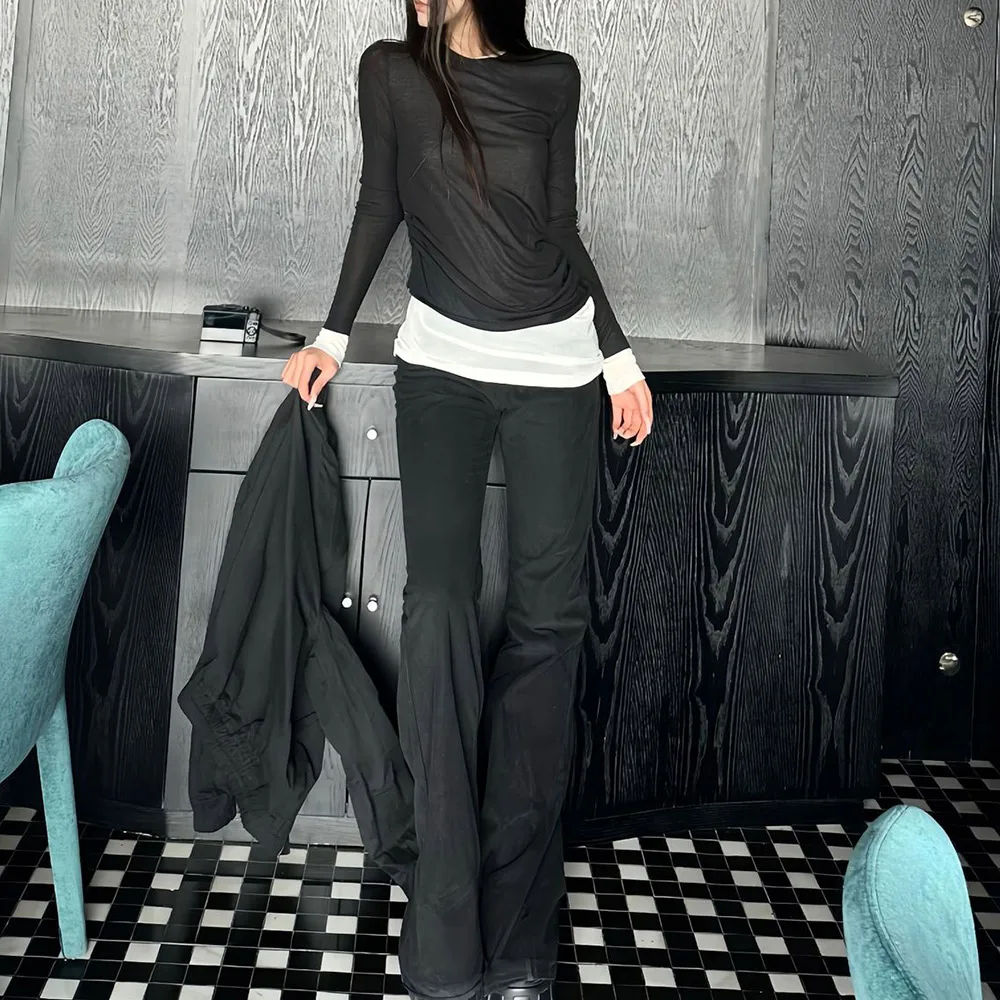 

Commuter Versatile R*0W*Women'S Black And White Long-Sleeved Casual T-Shirt Long-Sleeved Knitted Bottoming Shirt