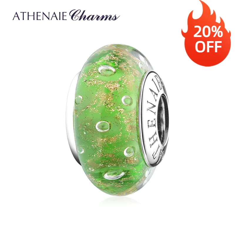 ATHENAIE 925 Sterling Silver Gold Sands Bubble Green Rainforest Italian Murano Glass Charms Beads fit DIY Bracelet Necklace