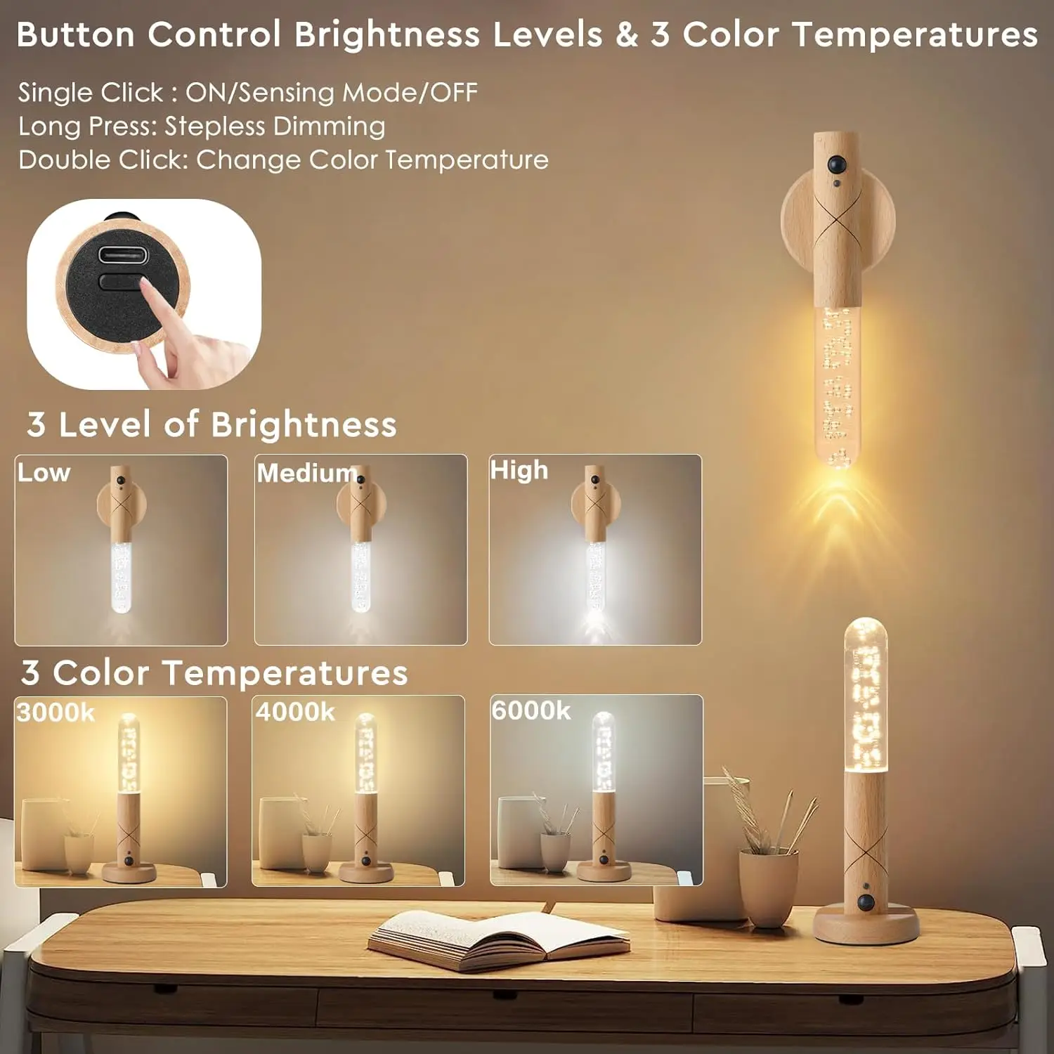 LED Wood USB Night Light Magnetic Wall Lamp Kitchen Cabinet Closet light Home Staircase Bedroom Table Move Lamp Bedside Lighting