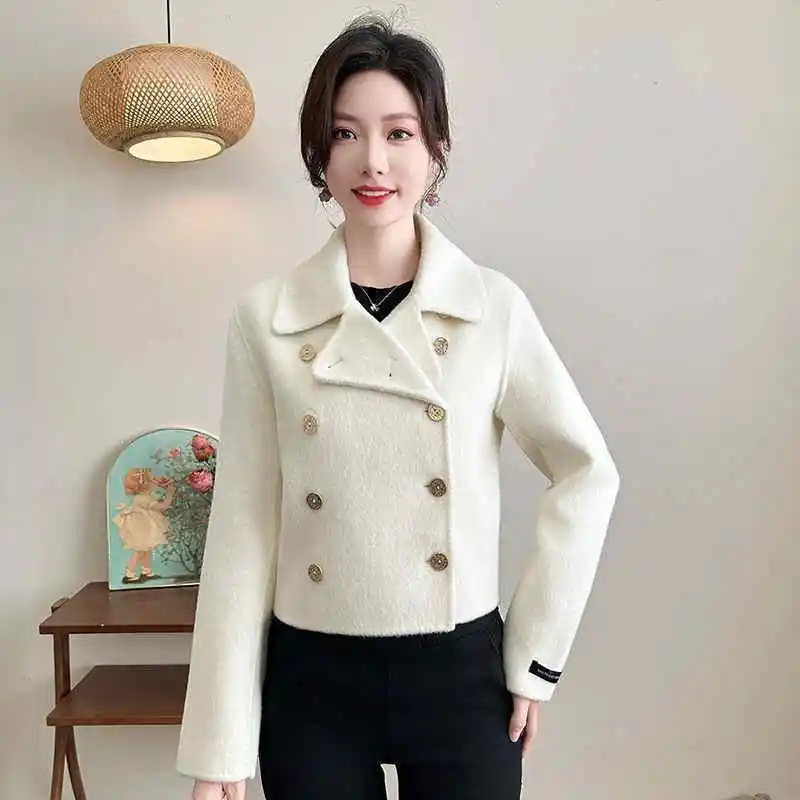 

Fashion Double-sided Woolen Coat Women 2025 New Spring Autumn Winter Short Double-breasted Woolen Blended Coat Top Female