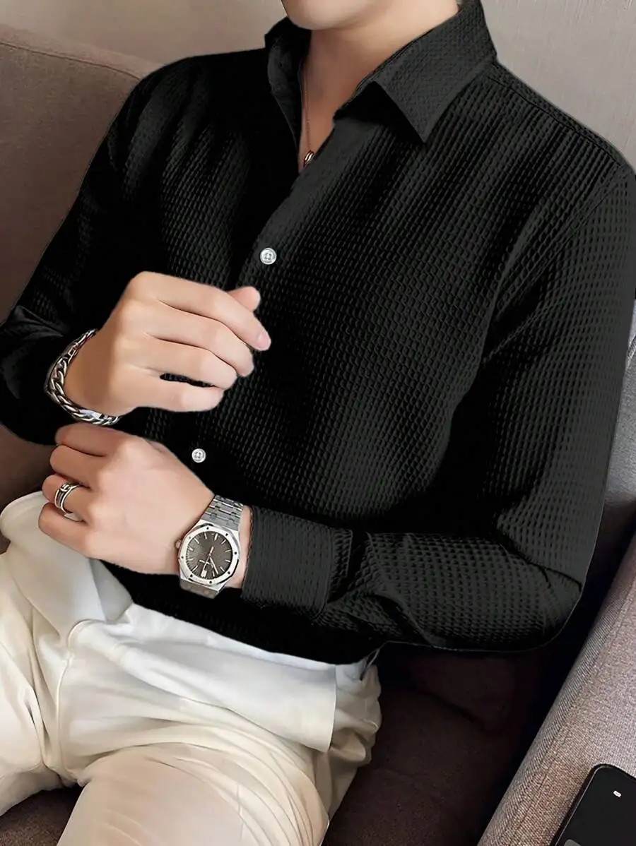 

Men's Solid Black Textured Button-Front Long Sleeve Shirt for Fall